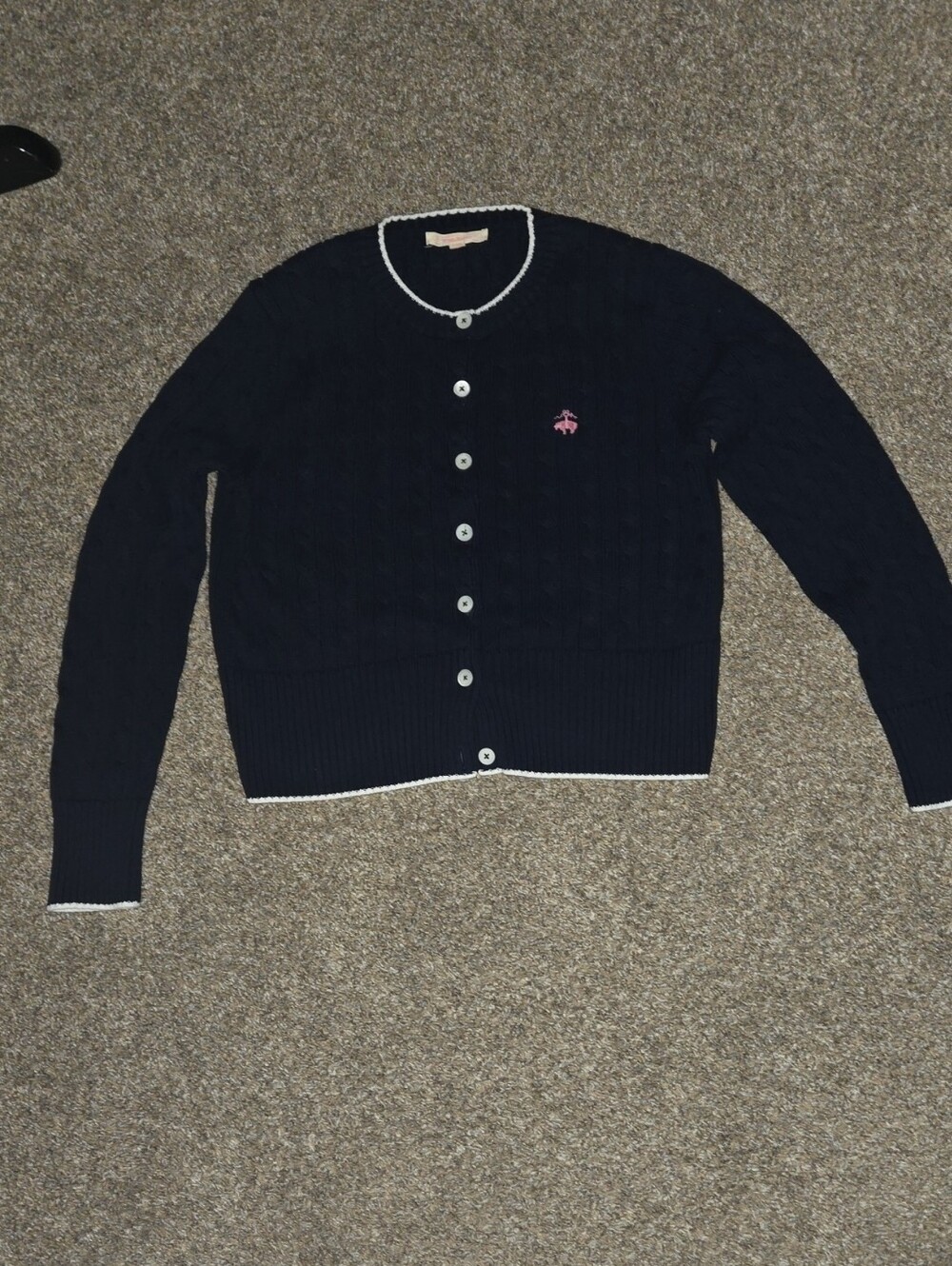 Brooks Brothers Navy Cardigan with Pink Logo and White Trim